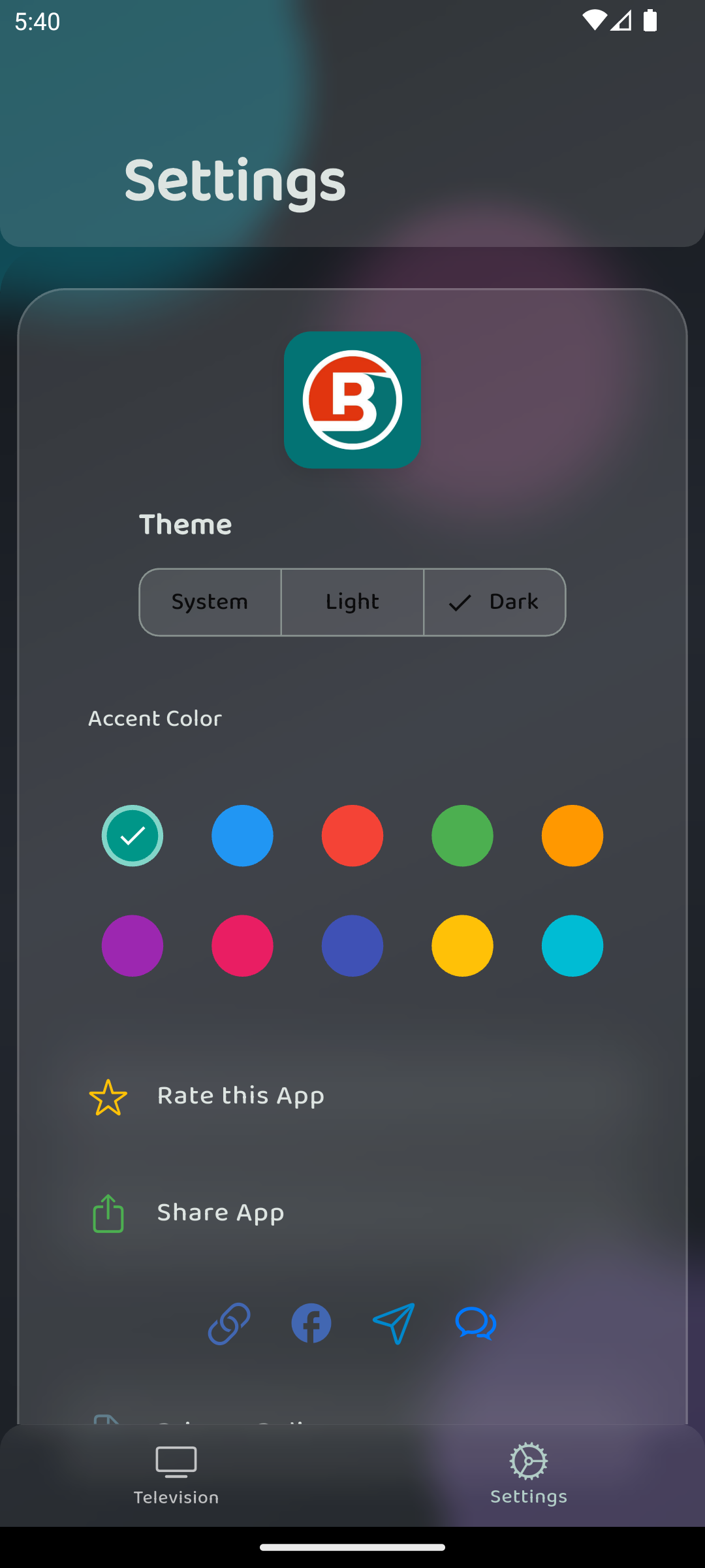 Settings tab with theme and accent color options