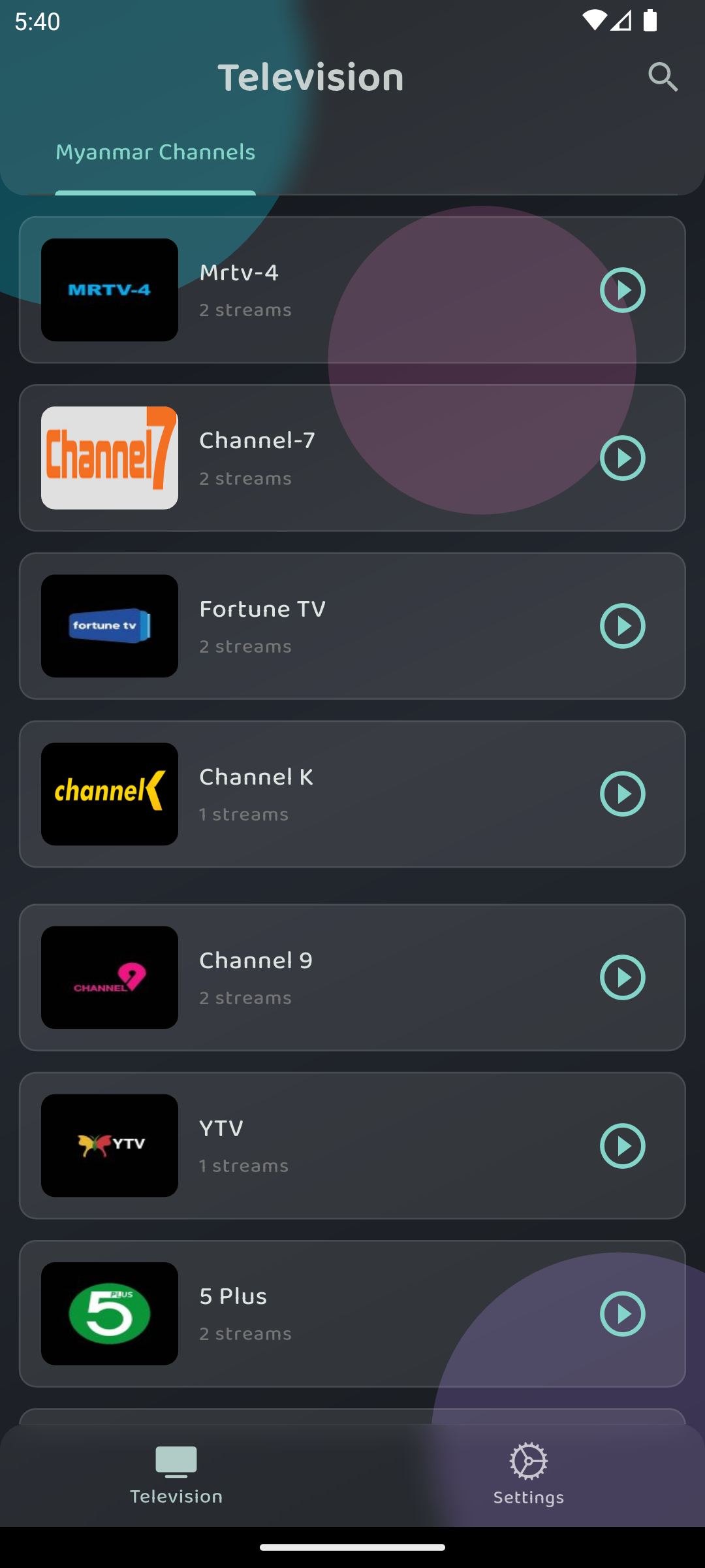 Television tab showing Myanmar channels list